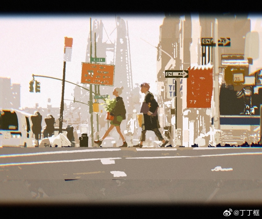 1boy 1girl ami_(fusheng_yi_xi) building bus city eyewear_on_head fusheng_yi_xi holding jacket letterboxed mia_(fusheng_yi_xi) motor_vehicle pastel_colors road road_sign sheya_tin sign traffic_light walking watermark weibo_username weibo_watermark