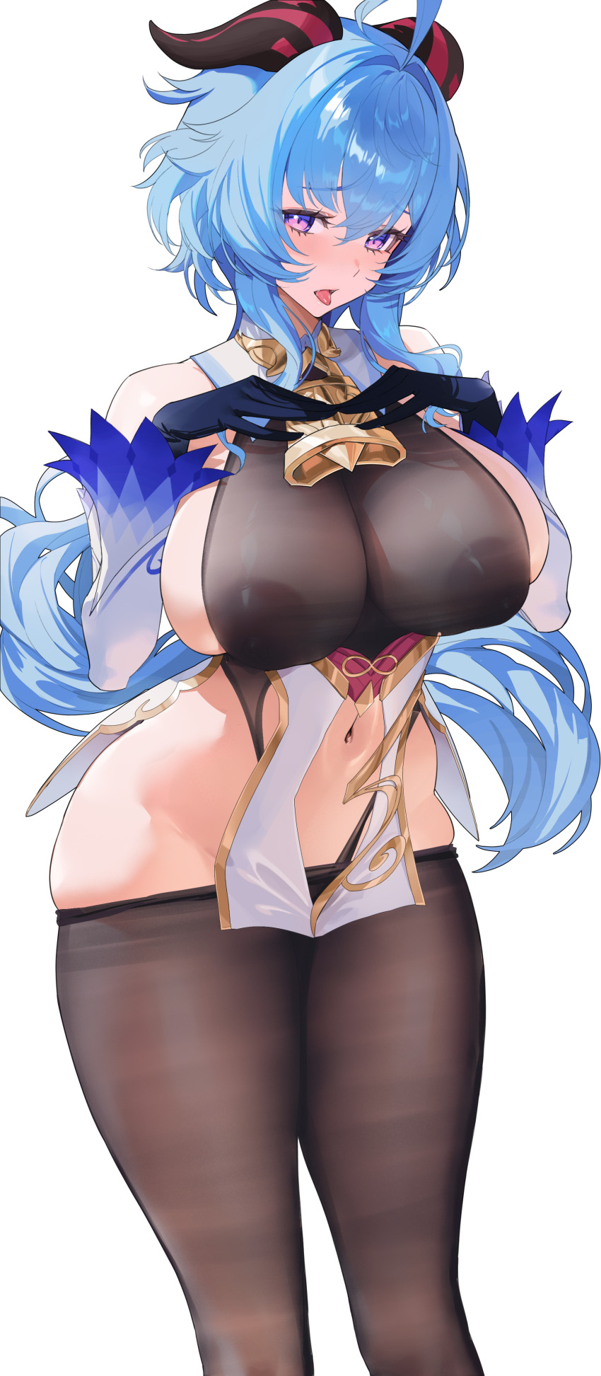 1girl absurdres ahoge bare_shoulders bell black_gloves black_horns black_pantyhose blue_hair breasts clothing_cutout commentary_request covered_erect_nipples cowbell detached_sleeves feet_out_of_frame ganyu_(genshin_impact) genshin_impact gloves goat_horns hair_between_eyes hair_intakes highres horns kan_qianhuilan large_areolae large_breasts looking_at_viewer navel pantyhose pelvic_curtain purple_eyes revealing_clothes sideboob simple_background skindentation solo standing stomach thighs tongue tongue_out white_background white_sleeves wide_hips