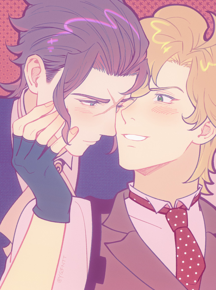 2boys ace_attorney aqua_eyes barok_van_zieks black_gloves blonde_hair blue_jacket blush brown_vest chinese_commentary closed_mouth collared_shirt commentary_request cross_scar curtained_hair fingerless_gloves gloves green_eyes grin hand_on_own_cheek hand_on_own_face herlock_sholmes highres jacket kaze_(yznyttdgs) lapels male_focus multiple_boys necktie notched_lapels outline pink_shirt polka_dot_necktie purple_hair purple_outline red_background red_necktie scar scar_on_face shirt smile the_great_ace_attorney vest yaoi