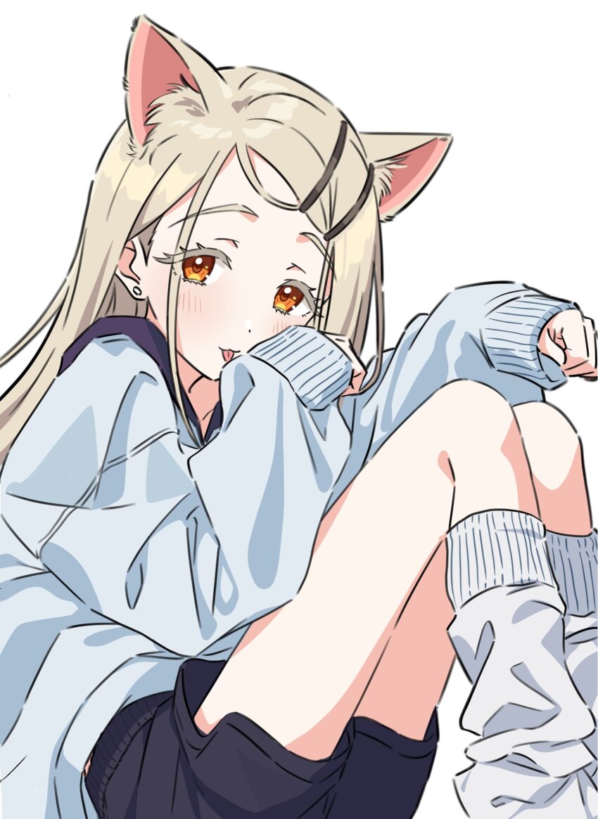 1girl :3 animal_ear_fluff animal_ears black_shorts blonde_hair blue_jacket blush cat_ears cat_girl closed_mouth commentary_request earrings extra_ears from_side gakuen_idolmaster hair_ornament hairclip hands_up highres hood hood_down hooded_jacket idolmaster jacket jewelry kneehighs knees_up kousuke0912 long_hair long_sleeves looking_at_viewer orange_eyes parallel_hairclips parted_bangs paw_pose shinosawa_hiro shorts simple_background sitting sleeves_past_wrists socks solo stud_earrings tongue tongue_out white_background white_socks