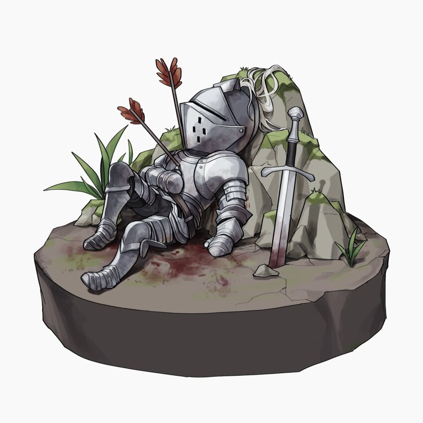 1other arm_armor armor arrow_(projectile) arrow_in_body blood blood_on_ground bloody_weapon breastplate check_copyright chibi chinese_commentary commentary_request copyright_request full_armor full_body gauntlets grass hand_on_own_stomach helmet highres knee_armor knee_up knight leg_armor lying on_back on_ground original planted planted_sword planted_weapon sabaton shoulder_armor simple_background solo sword tworain_w weapon white_background
