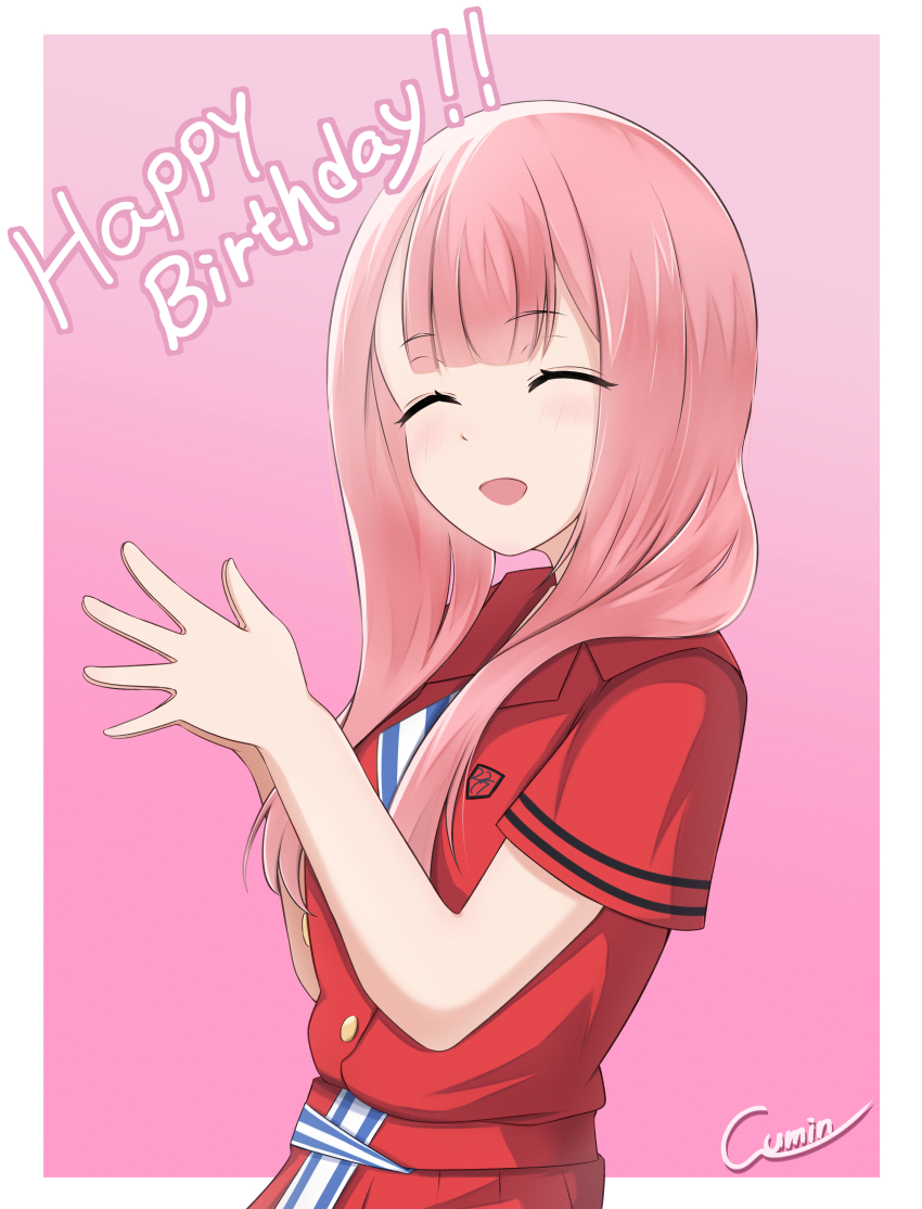 1girl 22/7 :d ^_^ absurdres artist_name asymmetrical_bangs border center-flap_bangs closed_eyes cowboy_shot dress facing_to_the_side from_side happy_birthday highres kamiki_mikami long_hair looking_at_viewer nani_mo_shiteagerarenai open_mouth outside_border own_hands_together palms_together pink_background pink_hair red_dress short_sleeves smile solo takumitu_711 white_border