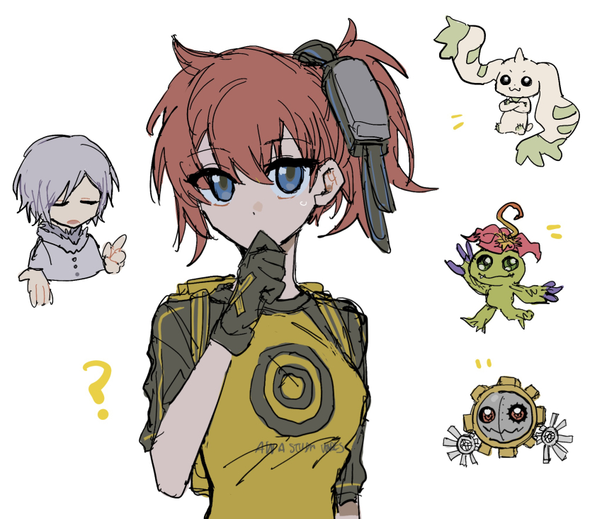 aiba_ami blue_eyes digimon digimon_story:_cyber_sleuth goggles goggles_on_head hagurumon highres long_hair palmon red_hair sanada_arata sidetail terriermon