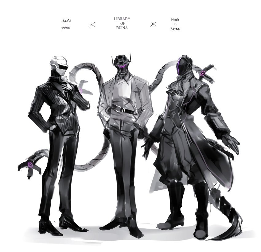 3boys belt black_belt black_coat black_footwear black_jacket black_pants black_vest bondrewd bono_(project_moon) boots coat copyright_name crossover daft_punk dress_shoes formal_clothes full_body helmet highres jacket library_of_ruina made_in_abyss male_focus mechanical_tentacles multiple_boys pants project_moon remsrar shirt simple_background suit thomas_bangalter trait_connection vest white_background white_shirt