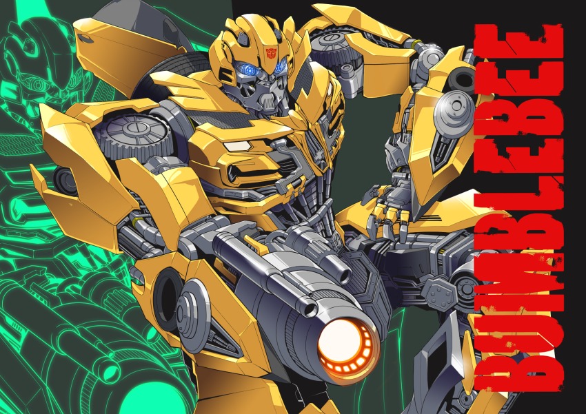 1boy artist_request autobot blue_eyes bumblebee cannon character_name energon glowing glowing_eyes highres insignia looking_at_viewer machine machinery mecha no_humans personification robot transformers weapon