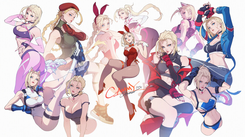 1girl animal_ears beret blonde_hair bodypaint boots braid breasts cammy_white camouflage cat_ears citemer cleavage combat_boots facial_scar garrison_cap gloves green_leotard hat high_heels highleg highres jacket large_breasts leotard long_hair looking_at_viewer midriff multiple_views navel off_shoulder open_clothes open_jacket playboy_bunny rabbit_ears red_leotard ribbed_leotard scar scar_on_cheek scar_on_face simple_background street_fighter thong_leotard twin_braids white_background
