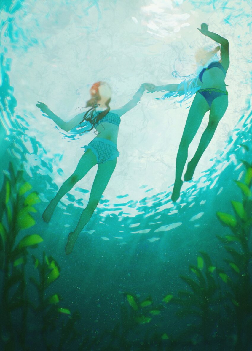 2girls absurdres among_us asimov_(spindle_(aidenr0)) barefoot bikini blue_bikini brown_hair commentary crewmate_(among_us) english_commentary from_below full_body grey_bikini highres holding_hands long_hair multiple_girls original ottilie_(spindle_(aidenr0)) partially_submerged seaweed spindle_(aidenr0) swimming swimsuit underwater underwater_shot when_you_see_it white_hair yuri