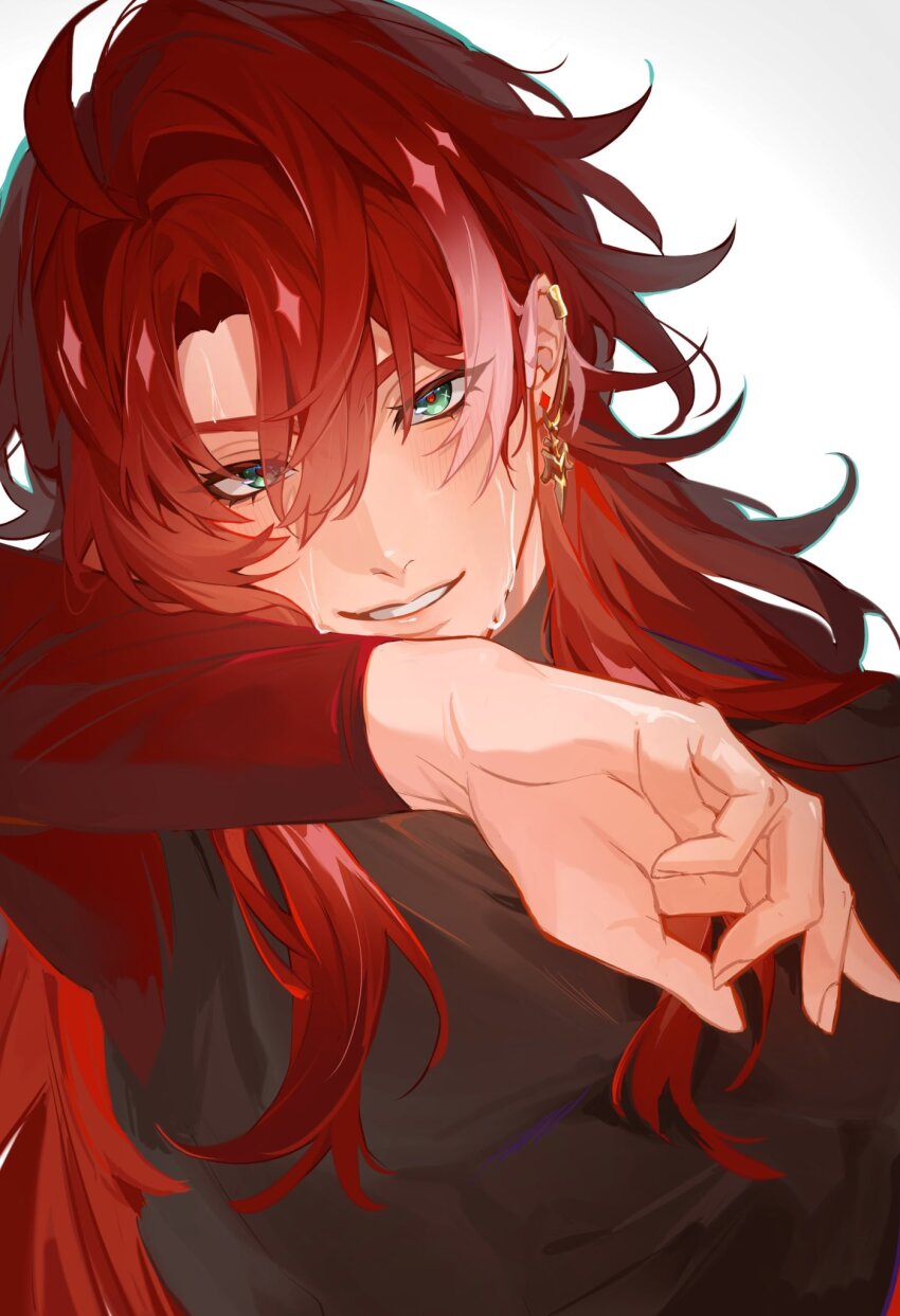 1boy aqua_eyes argenti_(honkai:_star_rail) arm_up black_shirt commentary curtained_hair ear_piercing earrings fingernails grin hair_between_eyes highres honkai:_star_rail honkai_(series) jewelry long_hair long_sleeves male_focus piercing red_hair samegorou_62 shirt simple_background smile solo sweat teeth upper_body white_background wiping_face