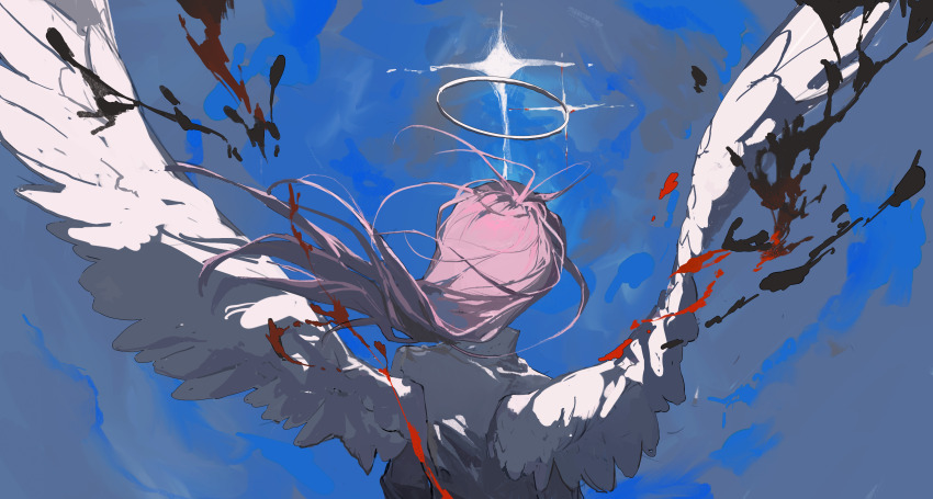 1boy absurdres blood blue_sky commentary feathered_wings floating_hair halo hatsutori_hajime highres kuma_(yoooooooo152) long_hair male_focus pink_hair saibou_shinkyoku shirt sky solo sparkle upper_body white_shirt white_wings wings