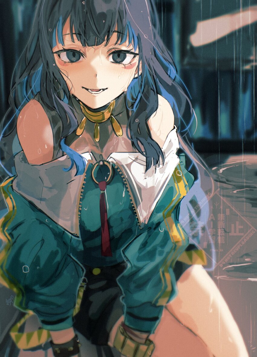 1girl 7aru_kk black_hair blue_hair colored_inner_hair eyeliner fate/grand_order fate_(series) green_jacket grey_eyes highres jacket jewelry long_hair looking_at_viewer makeup multicolored_hair o-ring off_shoulder outdoors rain solo tenochtitlan_(fate) tenochtitlan_(second_ascension)_(fate) wavy_hair wet wet_clothes wet_hair