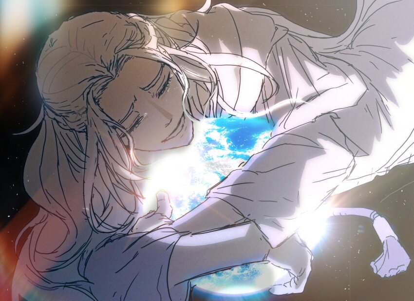 1girl closed_eyes facing_viewer final_fantasy final_fantasy_xiv giant giantess glowing happy_tears holding_planet long_hair planet ricebal1l robe sketch smile solo sophist&#039;s_robe_(ff14) space tassel tearing_up tears upper_body venat_(ff14) white_hair white_robe
