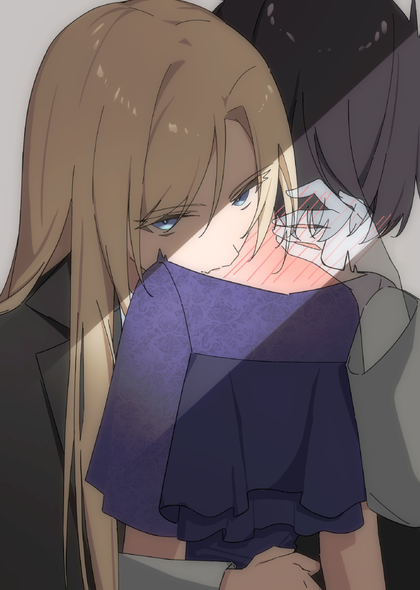 2girls absurdres biting black_coat black_hair blonde_hair blue_eyes coat commentary dress eydhtn73bguru8r grey_background hand_on_another&#039;s_face hashtag-only_commentary highres kamikoshi_sorawo long_hair multiple_girls neck_biting neck_blush nishina_toriko purple_dress short_hair simple_background transparent_hand urasekai_picnic yuri