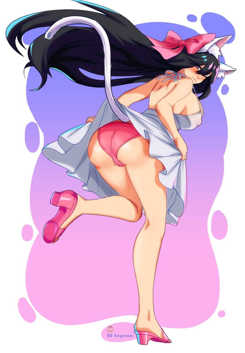 1girl ;3 animal_ear_fluff animal_ears ass bakeneko beengineer black_hair bow breasts cat_ears cat_girl cat_tail commentary covered_erect_nipples dress english_commentary full_body hair_between_eyes hair_bow highres large_breasts long_hair naughty_face noihara_himari omamori_himari one_eye_closed panties pink_bow pink_panties purple_eyes seductive_smile smile solo sundress tail thighs underwear very_long_hair white_dress