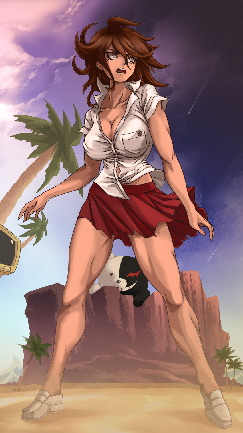 1girl absurdres ahoge beach breasts brown_eyes brown_hair cleavage collarbone danganronpa_(series) danganronpa_2:_goodbye_despair dark-skinned_female dark_skin female_focus full_body highres large_breasts long_hair monokuma open_mouth outdoors owari_akane palm_tree partially_unbuttoned plague_of_gripes plateau purple_sky red_skirt sand shirt shooting_star short_sleeves skirt sky solo_focus standing teeth television tree upper_teeth_only white_footwear white_shirt