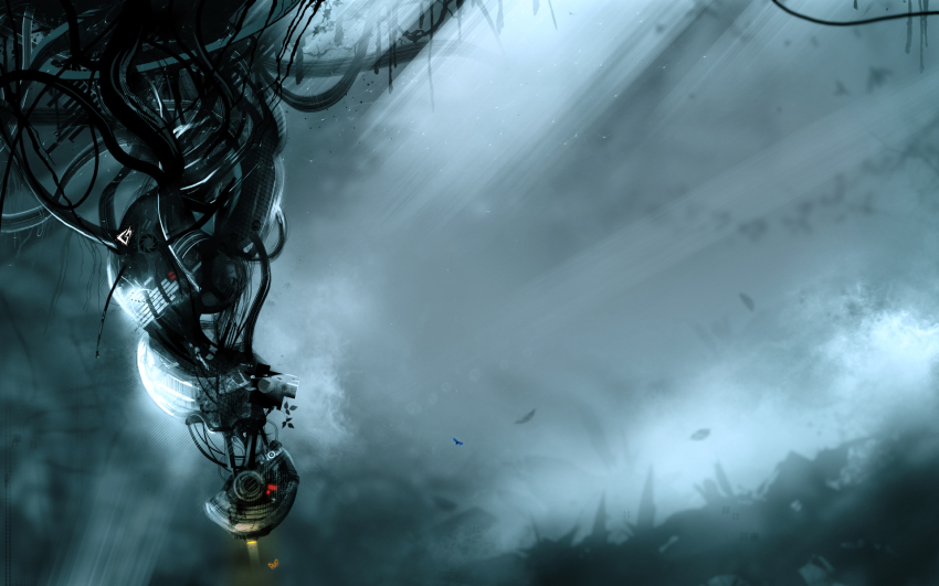 bug cable cloud dark floating gavade glados glowing helmet highres insect light_rays machinery moth no_humans plant portal_(series) robot scenery science_fiction solo sunbeam sunlight