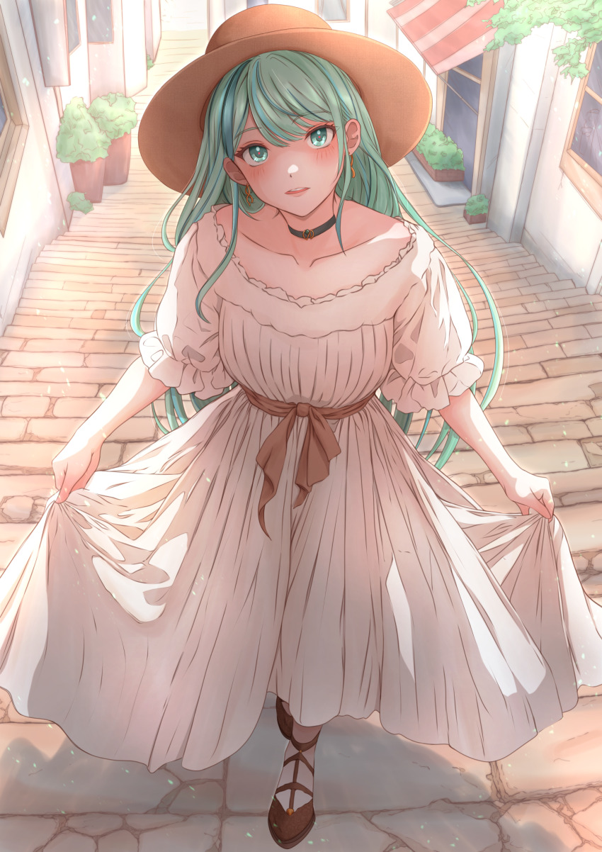 1girl aqua_eyes aqua_hair awning black_choker blush bow brick_road brown_bow brown_hat brown_ribbon building character_request choker clothes_lift collarbone commentary_request curtsey day dress dress_bow dress_lift dress_ribbon frilled_sleeves frills full_body hat highres long_dress long_hair looking_at_viewer mikan_mizu outdoors parted_lips plant potted_plant ribbon shadow shoes short_sleeves solo standing straight_hair sun_hat sunlight swept_bangs teeth tree upper_teeth_only virtual_youtuber vocaloid vsinger_(vocaloid) white_dress window