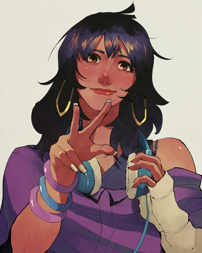 1girl black_hair black_shirt bluestreak_(transformers) blush bracelet brown_eyes cable collarbone commentary dark-skinned_female dark_skin earrings english_commentary grey_background grey_nails head_tilt headphones headphones_around_neck highres hoop_earrings jewelry looking_at_viewer medium_hair off_shoulder portrait purple_shirt shirt simple_background single_sleeve smile solo straight-on the_transformers_(idw) transformers v yamaishi_(tsurukame_gassen)