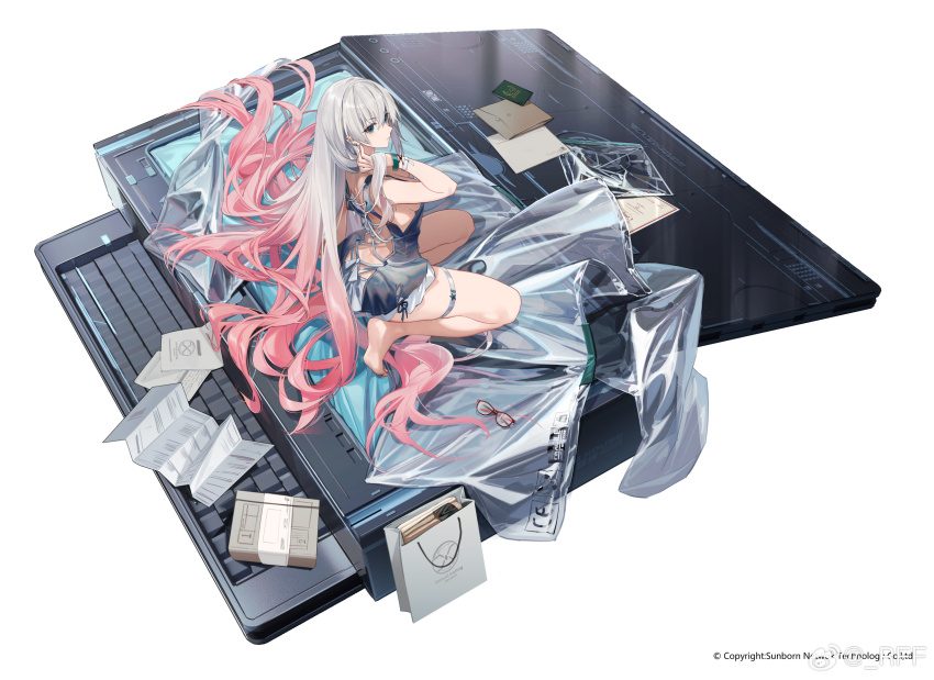 1girl adjusting_hair arrow_(symbol) awakening_(neural_cloud) bag barefoot box breasts certificate chinese_commentary commentary_request company_name copyright_notice cross-laced_clothes cross-laced_dress dress ear_piercing envelope feet fragile_symbol from_above from_behind from_side full_body girls&#039;_frontline girls&#039;_frontline_neural_cloud gradient_hair grey_dress hair_between_eyes highres lam_(birth_of_logos)_(neural_cloud) lam_(neural_cloud) long_hair looking_at_viewer looking_to_the_side lwmmg_(girls&#039;_frontline) medium_breasts multicolored_hair official_art paper passport piercing pink_hair plastic_bag recycling_symbol red-framed_eyewear rff_(3_percent) science_fiction shopping_bag sideboob simple_background soles solo squatting star_(symbol) technology thigh_strap three_quarter_view unworn_eyewear very_long_hair watermark weibo_watermark white_background white_hair wristband