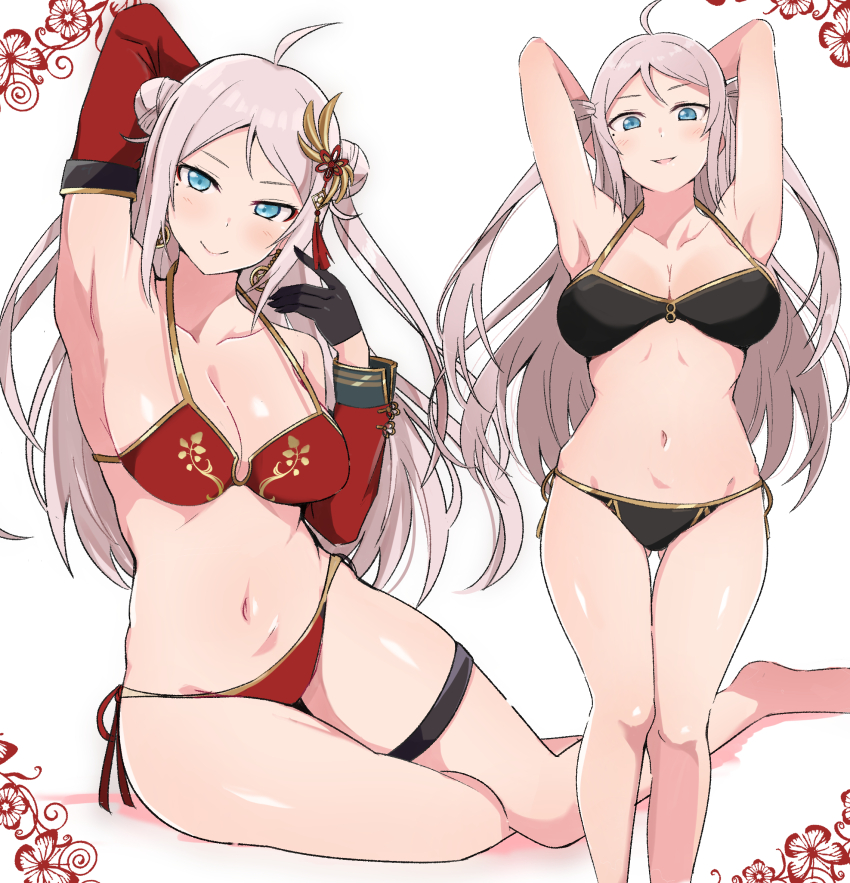 1girl :d ahoge arm_behind_head arm_up armpits arms_behind_head arms_up barefoot bikini black_bikini blue_eyes breasts cleavage closed_mouth collarbone commentary_request detached_sleeves double_bun gluteal_fold gold_trim hair_bun hair_ornament hand_up highres large_breasts long_hair love_live! love_live!_nijigasaki_high_school_idol_club mole mole_under_eye multiple_views navel open_mouth parted_lips pink_hair presenting_armpit red_bikini sitting smile standing stomach swimsuit tassel tassel_hair_ornament thigh_gap thigh_strap thighs two_side_up very_long_hair wewe white_background yokozuwari zhong_lanzhu