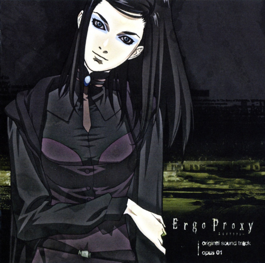 00s 1girl album_cover black_hair blue_eyes cover ergo_proxy eyeshadow female_focus highres long_coat long_hair makeup murase_shuko onda_naoyuki re-l_mayer solo