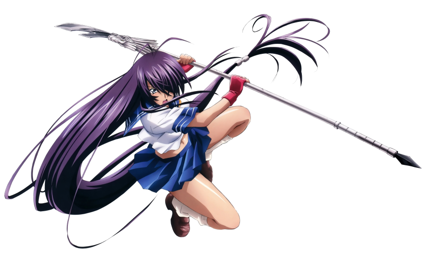 00s 1girl absurdres blue_skirt female_focus guan_dao hair_over_one_eye highres holding holding_weapon ikkitousen kan&#039;u_unchou kneehighs lance long_hair looking_at_viewer midriff navel open_mouth pleated_skirt polearm purple_hair rin-sin school_uniform serafuku shirt simple_background skirt socks solo spear weapon white_background white_shirt white_socks