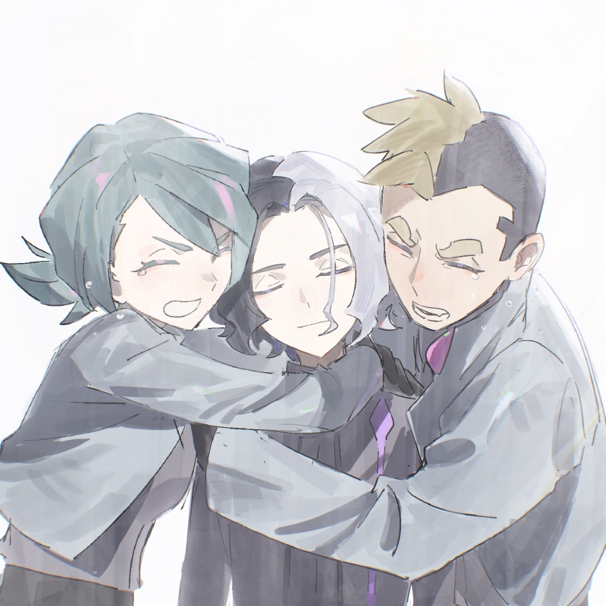 1girl 2boys amethio_(pokemon) clenched_teeth closed_eyes closed_mouth commentary_request gloves green_hair hazel_maier highres hug jacket loose_hair_strand multicolored_hair multiple_boys nintendo onia_(pokemon) open_clothes open_jacket pokemon pokemon_(anime) pokemon_horizons shirt simple_background teeth two-tone_hair upper_body white_background zirc_(pokemon)