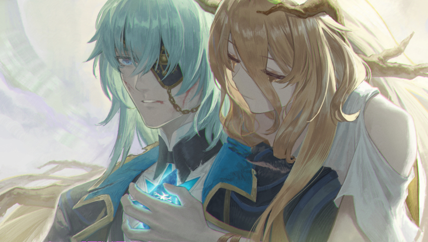 1boy 1girl absurdres anaxa_(honkai:_star_rail) black_vest blonde_hair blood blood_from_mouth blood_on_face calypso_(honkai:_star_rail) closed_eyes commentary_request crystal crystal_flower eyepatch green_hair hair_branch highres holding holding_crystal honkai:_star_rail honkai_(series) karlhe long_hair medium_hair scar scar_across_eye scar_on_face very_long_hair vest