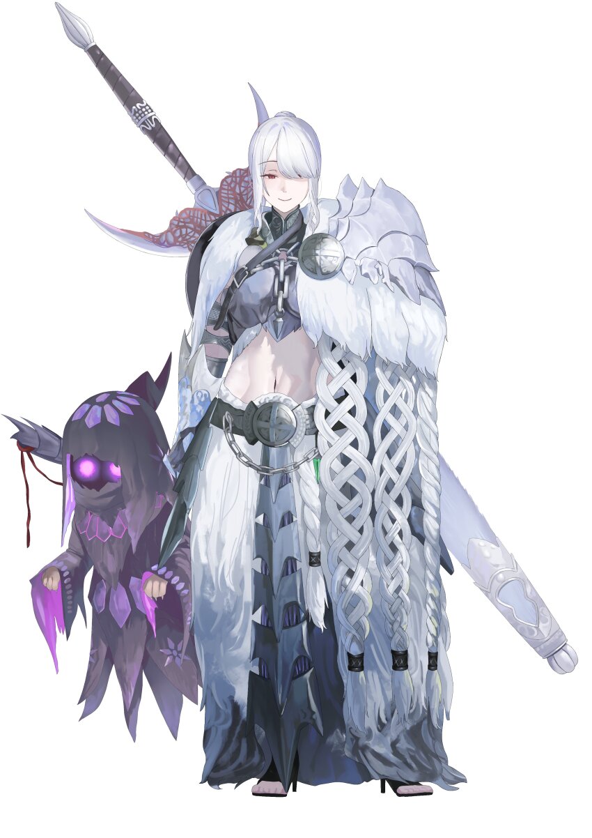 1girl 1other absurdres arkveld_(armor) armor breasts character_request floating gore_magala_(armor) hair_over_one_eye highres huge_weapon looking_at_viewer monster_hunter_(series) monster_hunter_wilds navel one_eye_covered pauldrons red_eyes shoulder_armor simple_background smile sword tnr_(horiko1525) weapon white_background white_hair