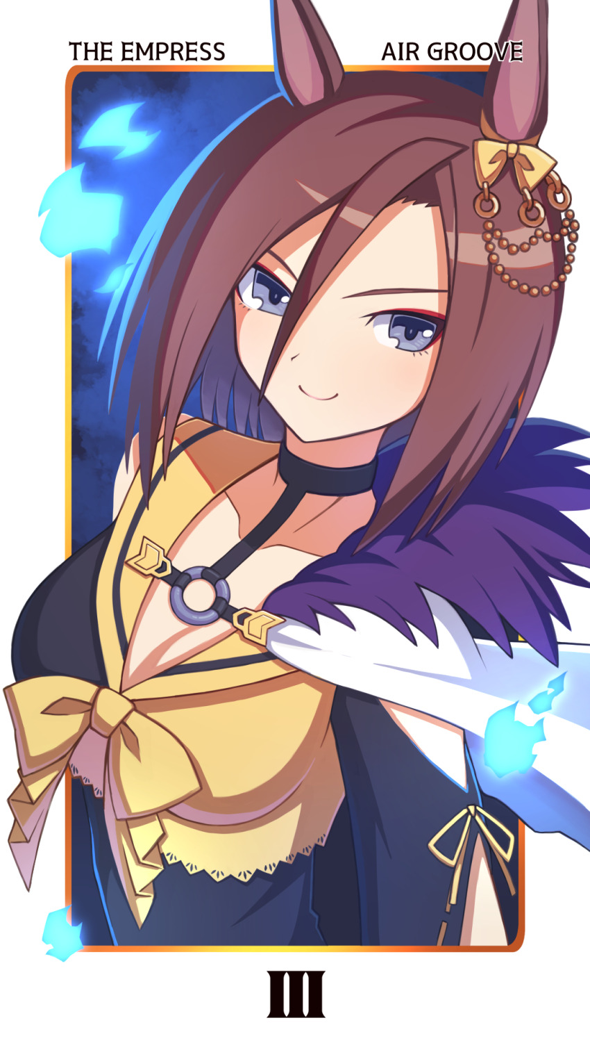 1girl air_groove_(umamusume) animal_ears blue_eyes blue_fire border bow breasts brown_hair character_name cleavage collarbone fire hair_between_eyes hibun_tsukasa highres horse_ears horse_girl looking_at_viewer o-ring roman_numeral short_hair solo tarot the_empress_(tarot) umamusume white_border yellow_bow