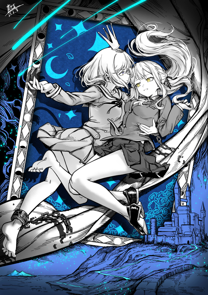 2girls bang_dream! bang_dream!_it&#039;s_mygo!!!!! barefoot breasts chibi commentary_request crown dress floating_hair greyscale_with_colored_background hanasakigawa_school_uniform hand_up highres jacket long_hair long_sleeves medium_breasts misumi_uika multiple_girls neck_ribbon picture_frame pleated_dress pleated_skirt qingwa_chi_she ribbon sailor_collar sailor_dress school_uniform skirt spot_color togawa_sakiko