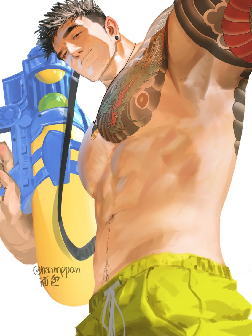 1boy abs arm_tattoo arm_up bara beard_stubble black_hair brown_eyes chest_tattoo closed_mouth commentary cowboy_shot earrings facial_hair hashtag-only_commentary highres holding holding_water_gun jewelry male_focus male_swimwear navel nipples noomppan original outstretched_arm pectorals piercing short_hair sideburns smile solo stubble stud_earrings swim_trunks tattoo topless_male twitter_username water_gun white_background yellow_male_swimwear
