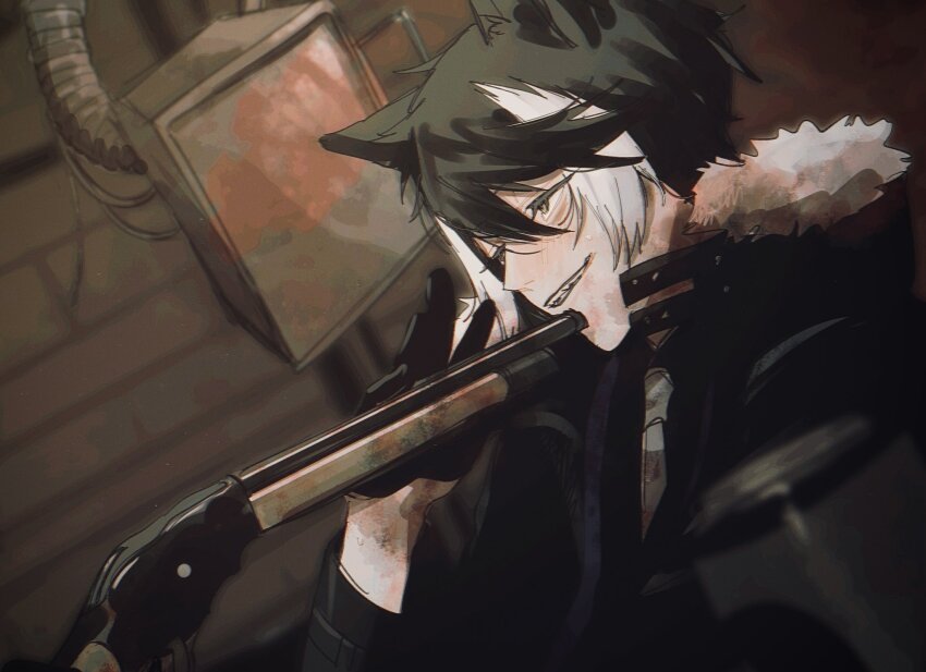 1boy animal_ears black_coat black_gloves black_hair black_shirt blush buckshot_roulette coat commentary eyelashes fur-trimmed_coat fur_trim gloves grin gun hair_between_eyes half_gloves highres holostars jackal_boy jackal_ears kageyama_shien kageyama_shien_(1st_costume) looking_ahead male_focus momiage_40 multicolored_hair necktie open_clothes open_coat sharp_teeth shirt short_hair smile smirk solo sweatdrop teeth two-tone_hair virtual_youtuber weapon white_hair white_necktie yellow_eyes