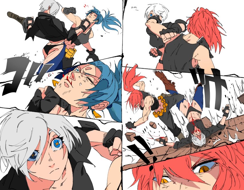 absurdres angel_(kof) arm_pouch backless_pants biceps black_tank_top blue_eyes blue_hair bra breasts camouflage camouflage_pants cargo_pants chaps cleavage crop_top cropped_jacket dog_tags earrings fingerless_gloves gloves hair_over_one_eye highres jacket jewelry large_breasts leather leather_jacket leona_heidern midriff muscular muscular_female navel panties pants ponytail rappel6730 ryona short_hair snk soldier strapless strapless_bra tank_top the_king_of_fighters the_king_of_fighters_xiv toned toned_female triangle_earrings underwear uppercut white_hair