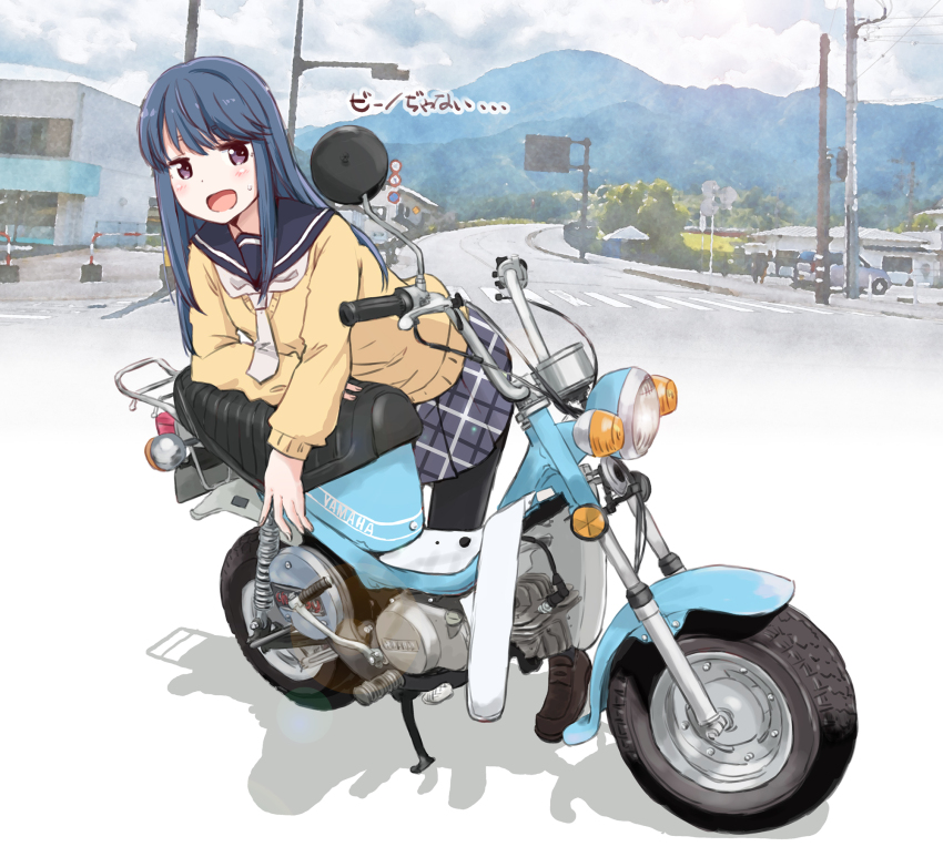 1girl arm_support blue_hair hair_down highres long_hair looking_at_viewer maruyo miniskirt motor_vehicle motorcycle mountainous_horizon open_mouth outdoors plaid_clothes plaid_skirt product_placement purple_eyes road school_uniform shima_rin skirt solo street sweatdrop yamaha yurucamp