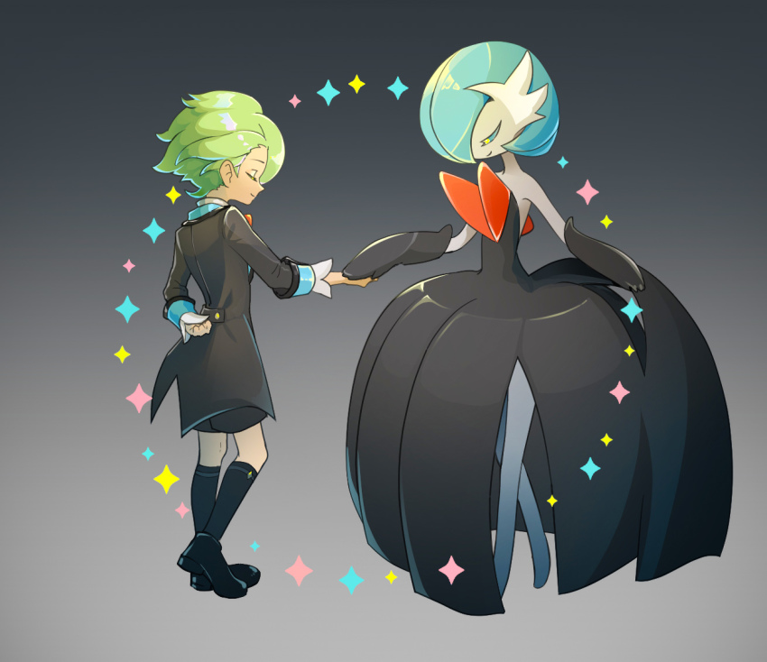 1boy 1girl alternate_color arm_behind_back bare_shoulders black_coat black_dress black_footwear black_gloves black_shorts black_socks blue_hair bob_cut clenched_hand closed_eyes closed_mouth coat colored_eyelashes colored_skin curtsey dancing dress flat_chest from_side gardevoir gen_3_pokemon gloves gradient_background green_hair grey_background hair_over_one_eye hand_up happy heel_up holding_hands kneehighs legs long_sleeves mega_gardevoir mega_pokemon nintendo one_eye_covered pokemon pokemon_(creature) pokemon_masters_ex shiny_pokemon shoes short_hair short_shorts shorts simple_background smile socks soumen_nigoki sparkle standing strapless strapless_dress u_u wally_(pokemon) wally_(sygna_suit)_(pokemon) white_skin