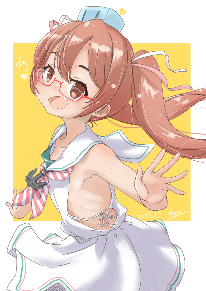 1girl absurdres anchor_ornament bespectacled brown_eyes brown_hair creature_on_head dark-skinned_female dark_skin dress fang fyuo glasses highres jiji_(creature) kantai_collection libeccio_(kancolle) long_hair looking_at_viewer low-cut_armhole neckerchief one-hour_drawing_challenge red-framed_eyewear sailor_collar sailor_dress side-tie_dress smile solo striped_neckerchief twintails two-tone_background waving white_sailor_collar yellow_background