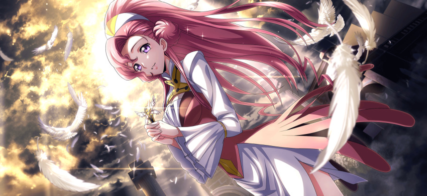 1girl artist_request bird blurry blurry_foreground breasts cleavage cleavage_cutout clothing_cutout cloud cloudy_sky code_geass code_geass:_lost_stories cowboy_shot day diffraction_spikes dove dress dutch_angle euphemia_li_britannia feathers female_focus game_cg glint hair_bun hairband hands_up happy highres holding light_rays long_hair long_sleeves looking_at_viewer medal medium_breasts non-web_source official_art outdoors own_hands_together parted_lips pillar pink_dress pink_hair purple_eyes side_slit sky smile solo standing sunlight teeth two-tone_dress very_long_hair white_dress white_feathers white_hairband wide_sleeves yellow_sky