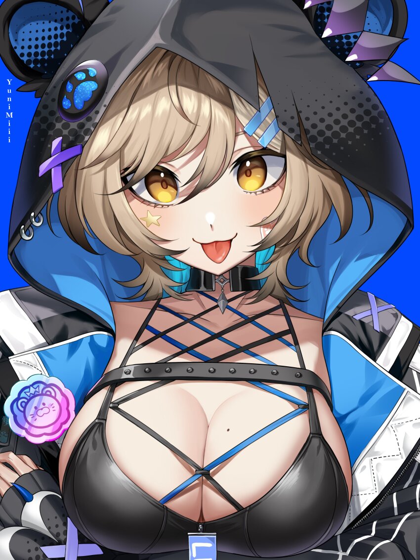 1girl absurdres animal_ear_hood artist_name black_hood blonde_hair blue_background breasts cleavage collarbone facial_mark fake_animal_ears hair_between_eyes hair_ornament hairpin hazumi_aileen highres hood indie_virtual_youtuber mole mole_on_breast paw_print sleeves_past_wrists solo star_(symbol) star_facial_mark tongue upper_body virtual_youtuber yellow_eyes yuni_miii