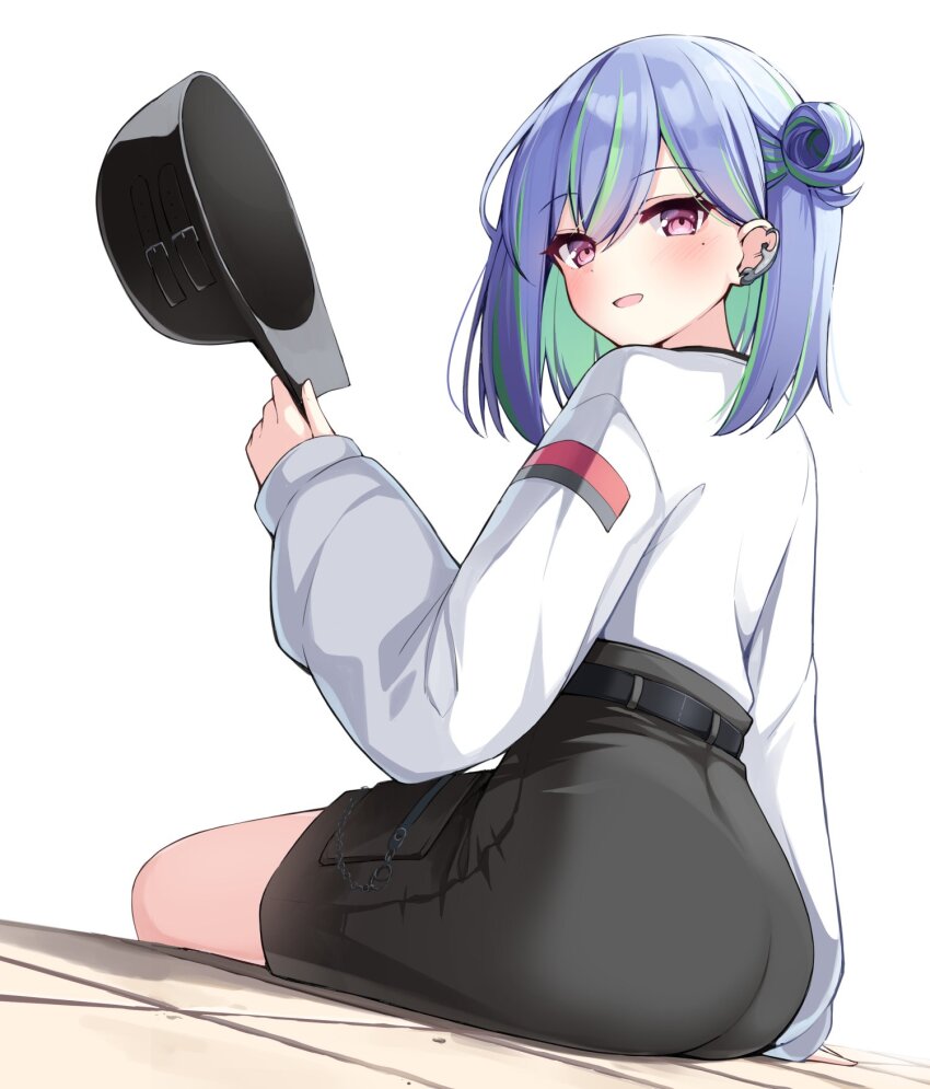 1girl :d ass black_hat black_skirt blue_hair blush commentary_request ear_piercing flat_cap green_hair hair_between_eyes hair_bun hat highres holding holding_unworn_clothes holding_unworn_hat long_sleeves looking_at_viewer looking_to_the_side mole mole_under_eye multicolored_hair nanashi_inc. ominaeshi_(takenoko) open_mouth piercing puffy_long_sleeves puffy_sleeves purple_eyes shirt simple_background single_side_bun sitting skirt sleeves_past_wrists smile solo streaked_hair suzumi_nemo suzumi_nemo_(2nd_costume) two-tone_hair unworn_hat unworn_headwear virtual_youtuber white_background white_shirt