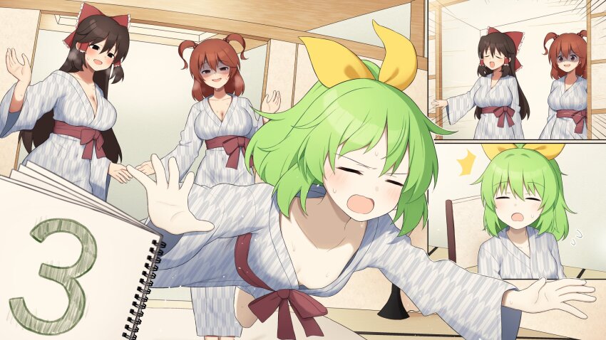 3girls alternate_costume bilingual_commentary black_eyes blush bow breasts brown_hair cleavage closed_eyes commentary cookie_(touhou) daiyousei diyusi_(cookie) empty_eyes english_commentary frilled_hair_tubes frills green_hair grey_kimono hair_bow hair_tubes hakurei_reimu highres indoors japanese_clothes kimono kunugi_miyaco large_breasts long_hair looking_at_another manatsu_no_yo_no_inmu medium_hair mixed-language_commentary multiple_girls noel_(cookie) obi onozuka_komachi open_mouth parody red_bow red_eyes red_hair red_sash sash shaded_face shishou_(cookie) sketchbook small_breasts smile touhou two_side_up yagasuri yellow_bow you_gonna_get_raped