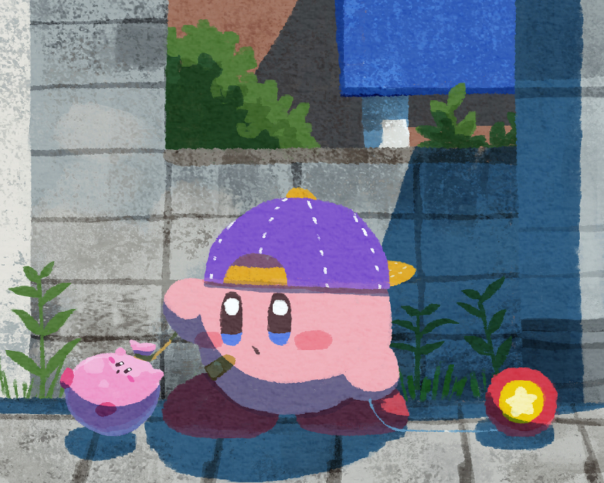 backwards_hat bandaid bandaid_on_face baseball_cap blue_eyes blue_headwear blush_stickers esp_kirby grass hat kirby kirby_(series) miclot nintendo no_humans open_mouth outdoors pink_shoes shoes water_balloon water_yoyo yo-yo
