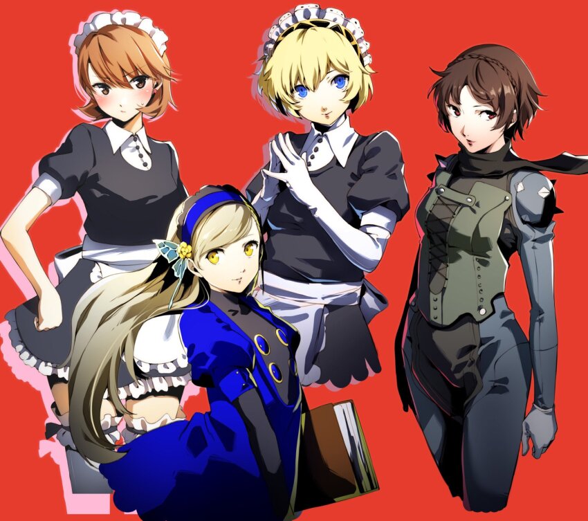 aigis_(persona) alternate_costume apron biker_clothes bikesuit blonde_hair blue_dress blue_hairband blue_sleeves blush bodysuit book braid breasts brown_hair butterfly_hair_ornament closed_mouth crown_braid dress enmaided frilled_apron frills gloves hair_ornament hairband highres holding holding_book juliet_sleeves lavenza_(persona_5) lips long_hair long_sleeves looking_at_viewer maid maid_apron maid_headdress multiple_girls nakano_maru niijima_makoto persona persona_3 persona_5 puffy_sleeves queen_(persona_5) red_eyes short_hair shoulder_spikes smile spikes takeba_yukari waist_apron white_apron yellow_eyes