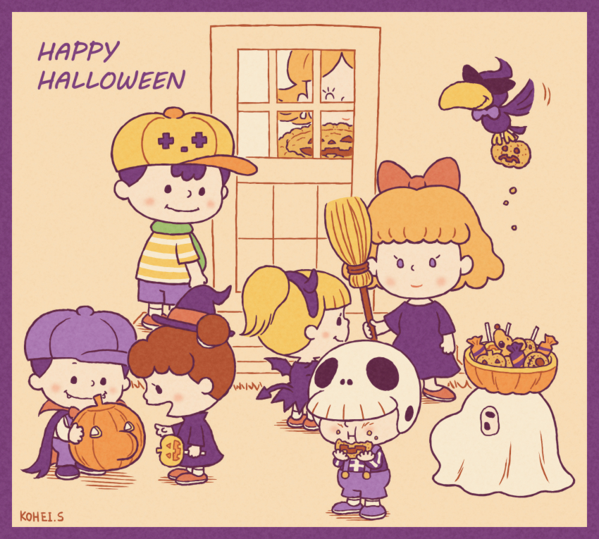 3boys 4girls alternate_costume black_cape black_dress black_hair blonde_hair blue_overalls blue_shorts blush bow broom brown_hair candy cape child closed_eyes commentary cookie demon_costume door doseisan dress eating fangs food ghost_costume hair_bow halloween hat highres jack-o&#039;-lantern kohei_s lollipop mother_(series) mother_2 mother_and_son multiple_boys multiple_girls ness&#039;s_mother ness_(mother_2) nintendo open_mouth overalls paula_(mother_2) peanuts_(comic) pie ponytail red_bow red_shoes shirt shoes shorts skeleton_costume skull-shaped_hat smile spiteful_crow striped_clothes striped_shirt trick_or_treat vampire_costume witch witch_hat