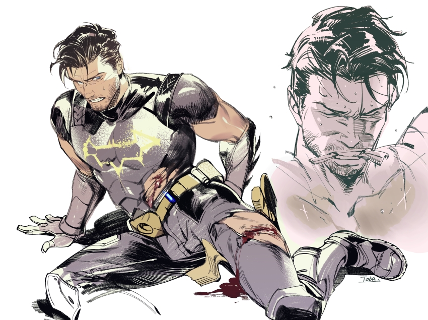 1boy absurdres armor armored_boots bara batman batman_(series) black_gloves black_hair black_shirt blood blood_on_leg blue_eyes boots bruce_wayne chest_armor clenched_teeth closed_eyes dc_comics facial_hair gloves grey_pants highres injury large_pectorals male_focus muscular muscular_male pants pectorals shirt short_hair simple_background teeth tobu_(bilibil) torn_clothes torn_pants white_background