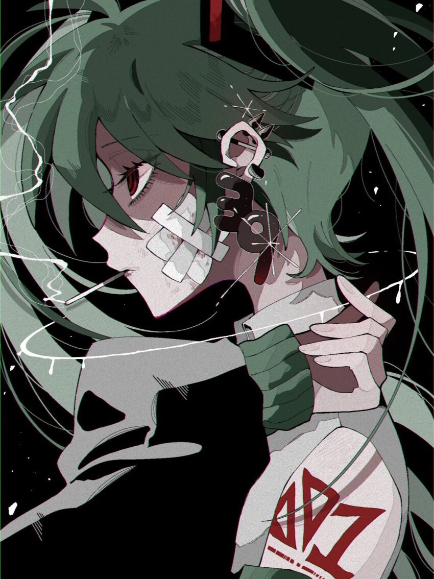 1girl 39 barbell_piercing bare_shoulders black_sleeves cigarette collared_shirt detached_sleeves ear_piercing earrings from_side gauze gauze_on_cheek green_hair hair_between_eyes hair_ornament hatsune_miku highres industrial_piercing jewelry long_hair long_sleeves looking_ahead mouth_hold number_tattoo piercing portrait profile red_eyes ribbed_sleeves ringed_eyes shirt sidelocks sleeves_past_wrists smoke smoke_trail smoking solo tabun_ningen tattoo twintails vocaloid white_shirt