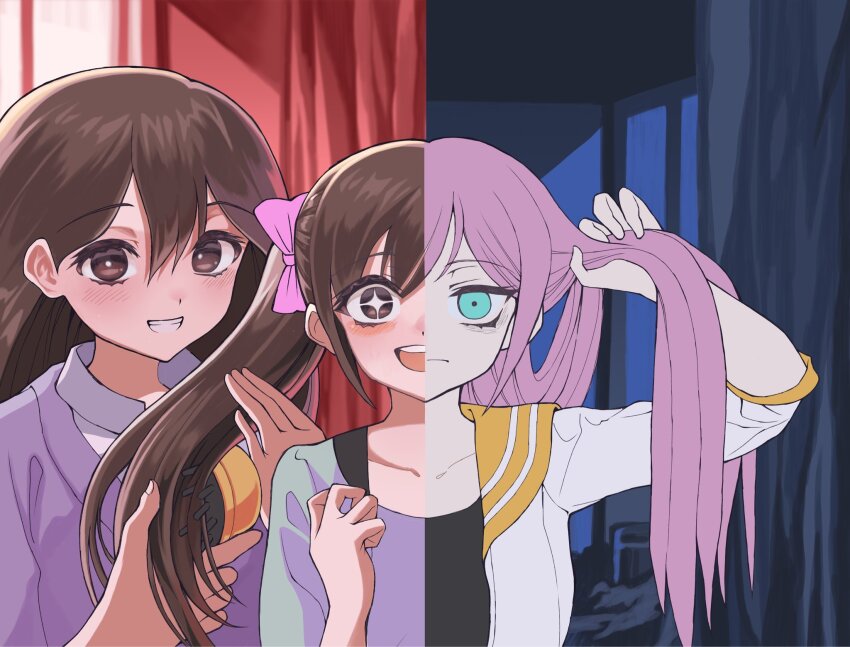 +_+ 2girls aged_down alternate_costume aubrey_(faraway)_(omori) aubrey_(omori) black_eyes black_hair blue_eyes blue_shirt blush bow bright_pupils closed_mouth double-parted_bangs grin hair_between_eyes hair_bow highres jacket long_hair mari_(faraway)_(omori) mari_(omori) multiple_girls omori open_clothes open_jacket open_mouth pink_bow pink_hair shirt short-sleeved_jacket short_sleeves smile teeth tsuno_(ikkakusu) twintails unfinished upper_teeth_only white_jacket white_pupils