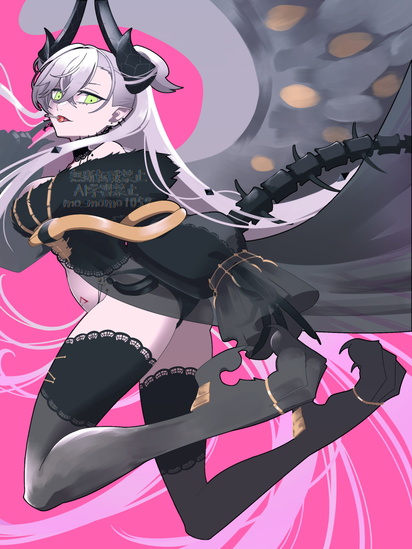 1girl absurdres black_panties breasts commentary demon_girl demon_horns demon_tail demon_wings english_commentary fate/grand_order fate_(series) green_eyes grey_hair grey_wings highres horns large_breasts lilith_(fate) lilith_(third_ascension)_(fate) long_hair ogachin panties pink_background sitting skeletal_hand snake solo tail underwear wings