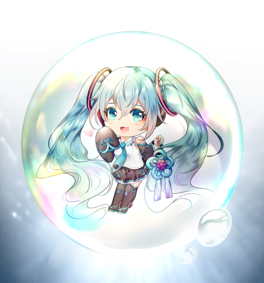 1girl :d black_footwear black_pantyhose black_skirt black_sleeves blue_necktie blush braid bubble chibi collared_shirt detached_sleeves flower_knot frilled_skirt frills green_eyes green_hair hair_between_eyes hair_ornament hand_up hatsune_miku hatsune_miku_(vocaloid4)_(chinese) headphones headset heart highres holding long_hair long_sleeves looking_at_viewer necktie open_mouth pantyhose pleated_skirt rhea_(0u0) shirt skirt sleeveless sleeveless_shirt sleeves_past_fingers sleeves_past_wrists smile solo thighband_pantyhose twintails very_long_hair vocaloid white_shirt