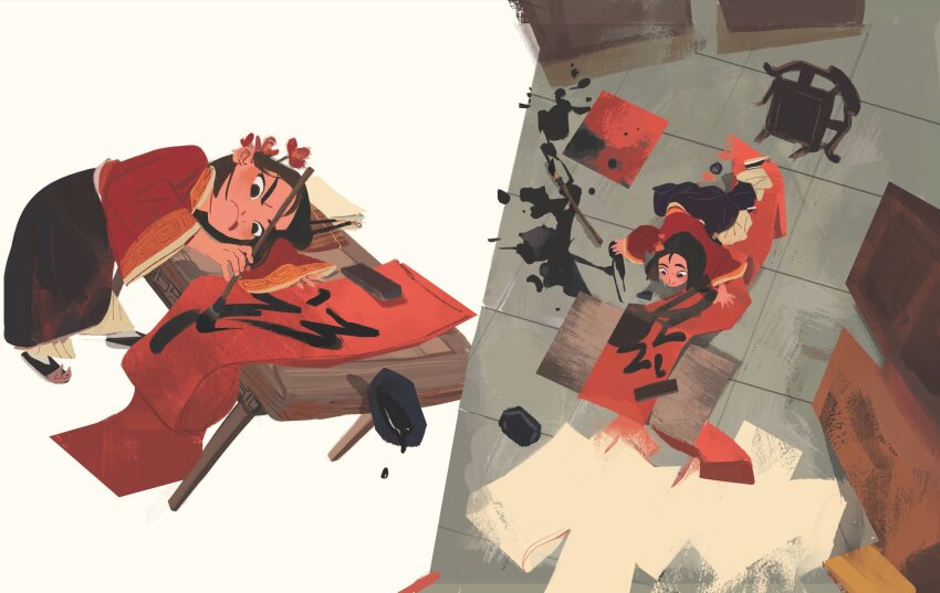 1girl :p aged_down banner black_eyes black_footwear black_hair black_skirt blunt_ends calligraphy_brush chair child chinese_clothes chinese_new_year closed_mouth commentary english_commentary fa_mulan_(disney) flower from_above frown hair_flower hair_ornament highres holding holding_calligraphy_brush holding_paintbrush indoors ink_splatter inkwell long_skirt long_sleeves looking_at_object mulan_(movie) multiple_views paintbrush pants paper red_flower red_shirt shirt shoes short_hair skirt sophieli spilling table tile_floor tiles tongue tongue_out v-shaped_eyebrows white_pants wide_sleeves