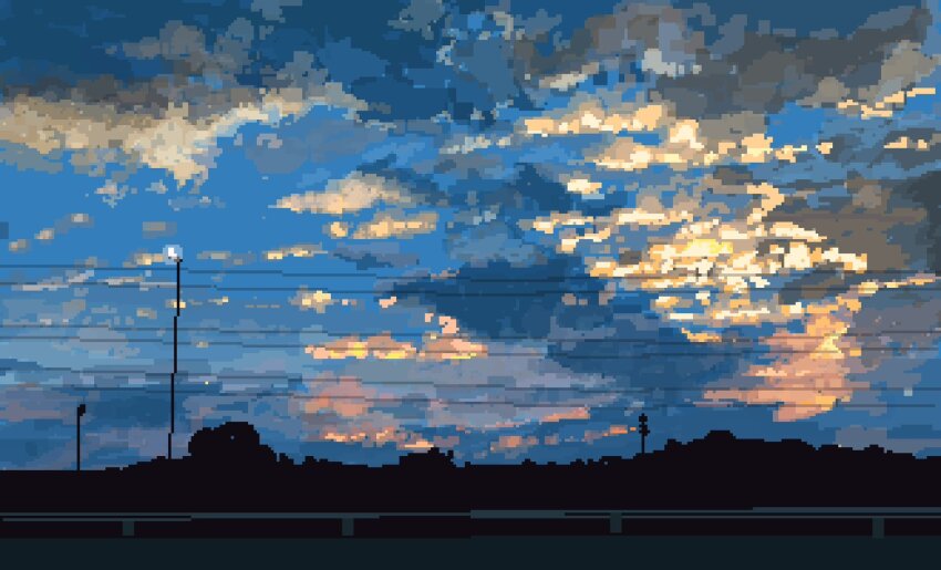 alarm_siren cloud cloudy_sky dark highres hisachan55cute mountainous_horizon no_humans original outdoors pixel_art power_lines railing scenery silhouette sky sunrise